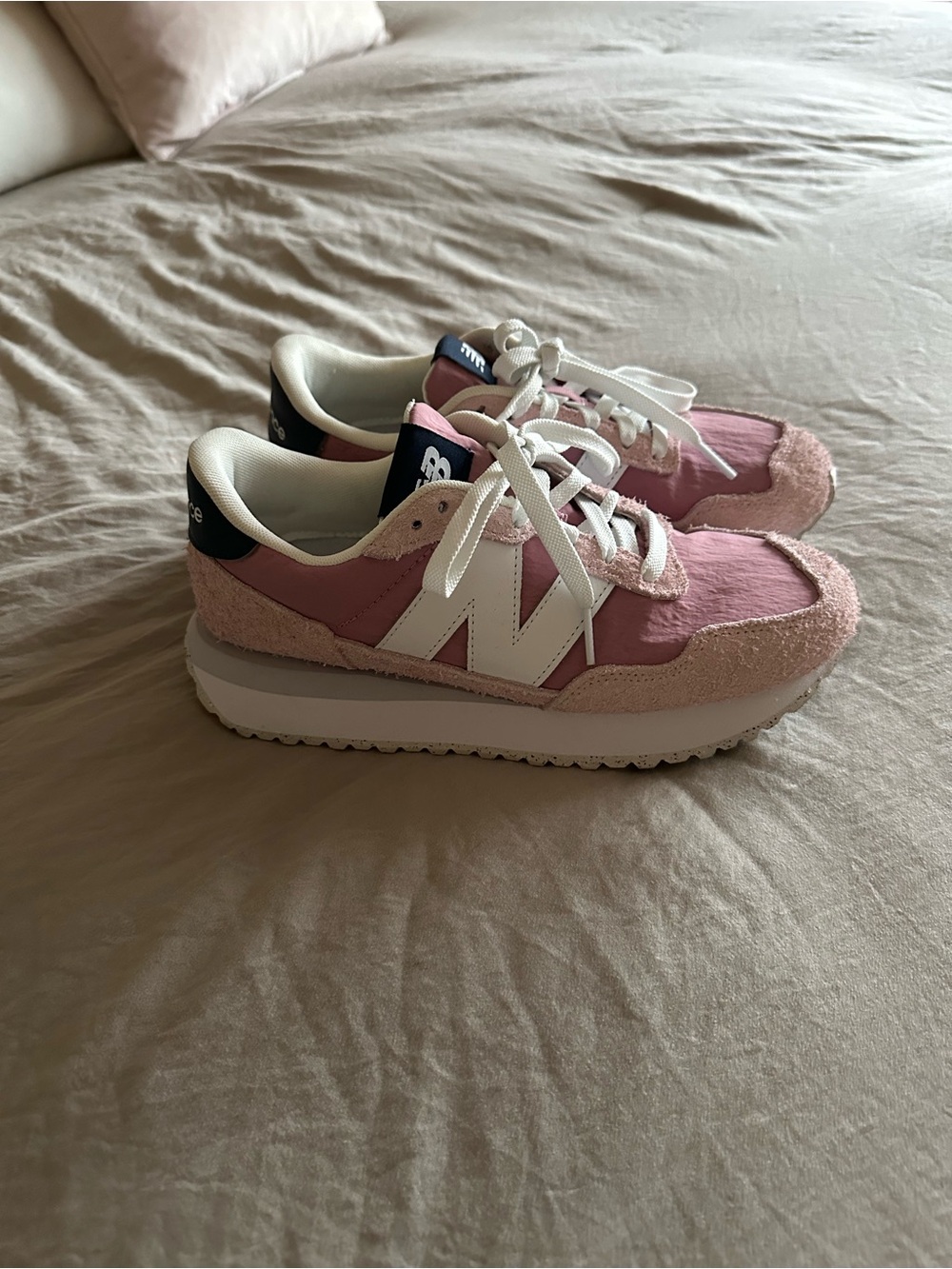 New Balance Women's Pink and White Layered Platform Sneaker